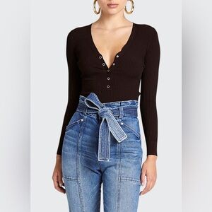 A.L.C. Black Ribbed Tonya Henley Snap Button Long Sleeve Bodysuit Sz Medium EUC